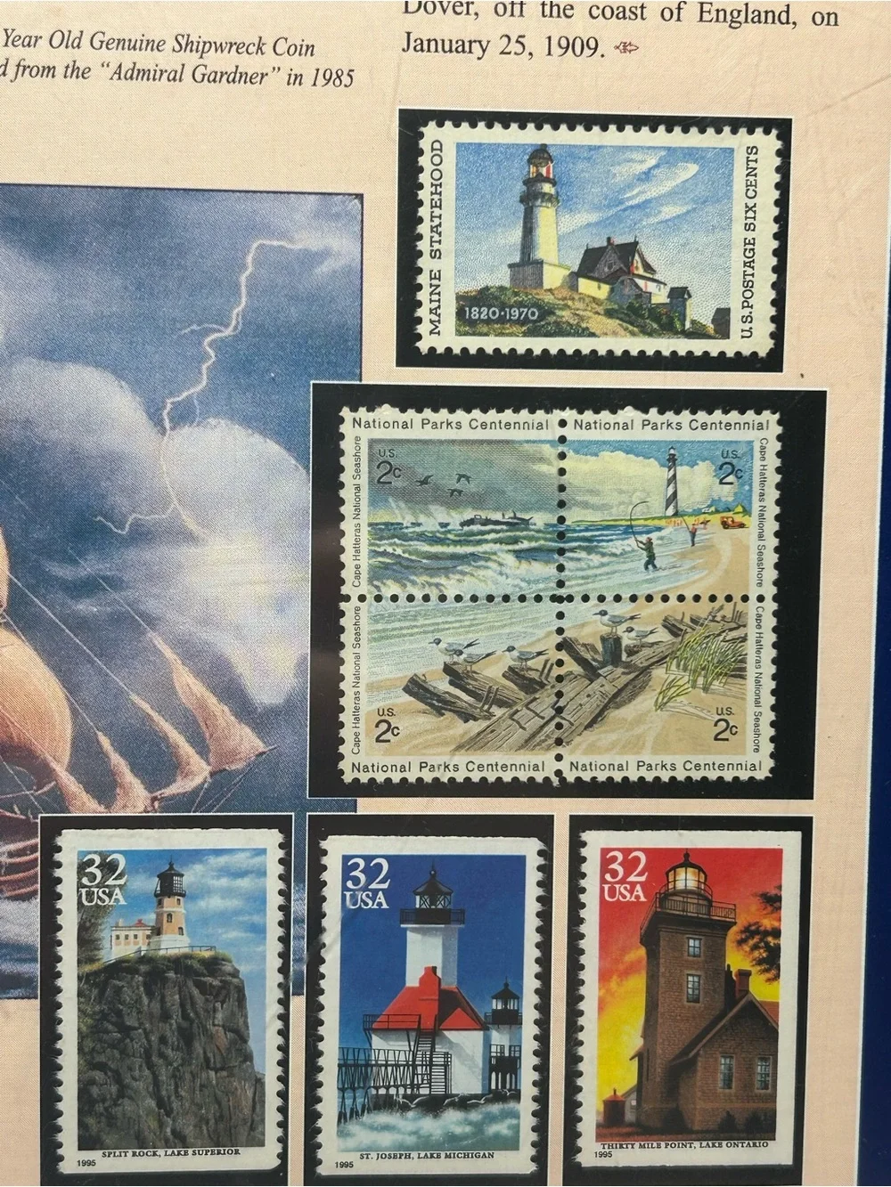Guardians of the Sea Framed Lighthouse Stamp and Shipwreck Coin Wall Art